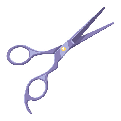 Professional scissors metal design. Hairdresser accessory for hair cut. Tool for haircut in barbershop. Sharp open scissors silver color. Stainless steel scissor for beauty salon. Vector illustration