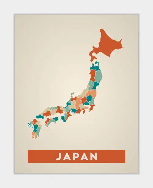 Vector illustration of Japan poster. Map of the country with colorful regions. Shape of Japan with country name. Trendy vector illustration.