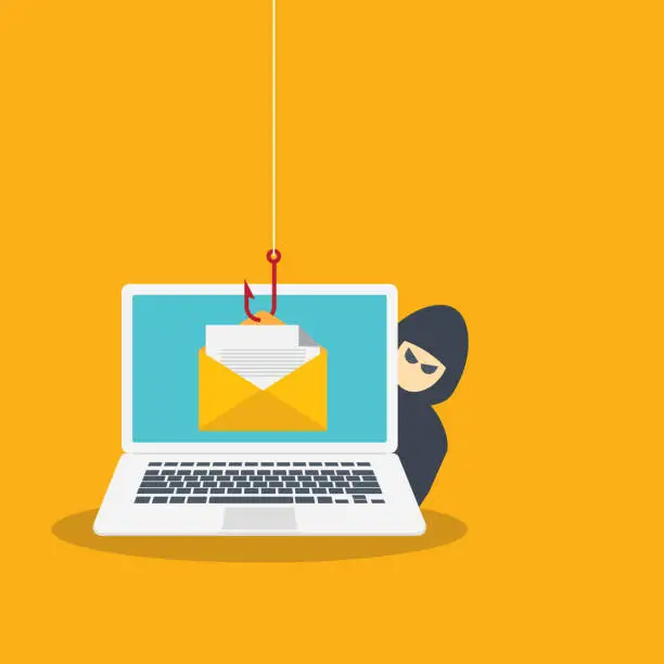 Vector illustration of Email data phishing. Cyber thief hide behind Laptop computer. Hacking concept. Vector illustration