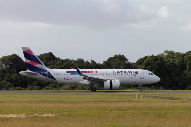 Airbus A320 NEO of LATAM airlines Santarem, Para, Brazil - Apr 06, 2023: Latam Airlines plane, taxiing on the runway from Santarem Airport (SBSN). A Airbus A320 NEO, registration PR-XBE. para ascending stock pictures, royalty-free photos & images