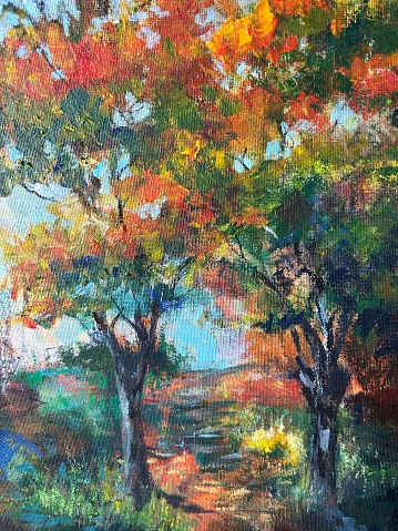 Autumn trees and a path an original painting