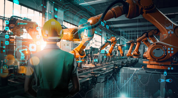 factory female industrial engineer working with ai automation robot arms machine in intelligent factory industrial on real time monitoring system software.digital future manufacture. - fábrica imagens e fotografias de stock
