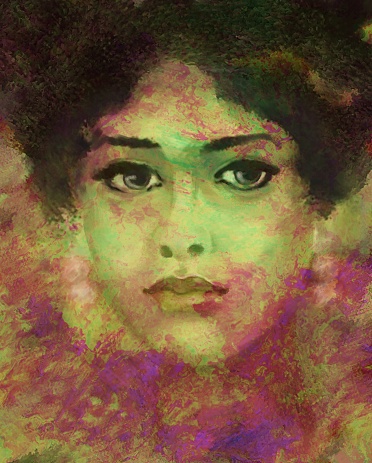 Picturesque portrait of a black woman with thick black hair, retro style on an abstract background