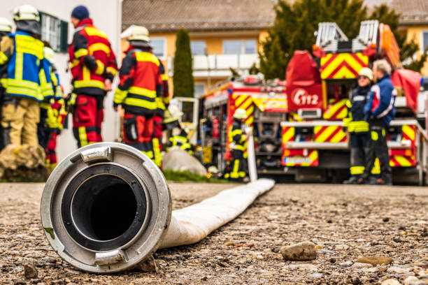 Tutzing - Germany, April 15: German fire brigade in the practice of an apartment and house fire in Tutzing on April 15, 2023