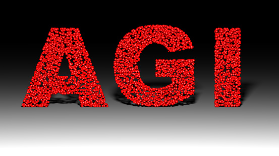 The letters AGI form from a mass of red balls.