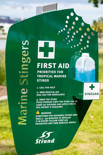 Townsville, Australia - February 9, 2023 : Stinger first aid station on the Strand waterfront.