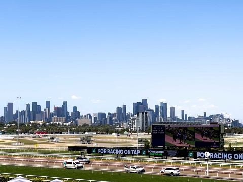 Melbourne, Australia - January 14, 2023 :  Melbourne, Australia skyline from Flemington Race Track with blue skies and copy space.