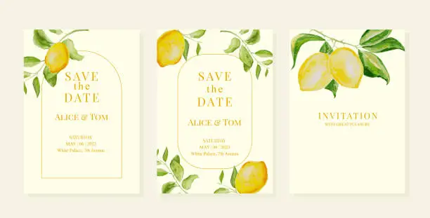 Vector illustration of Wedding pemplates with watercolor lemon and leaves