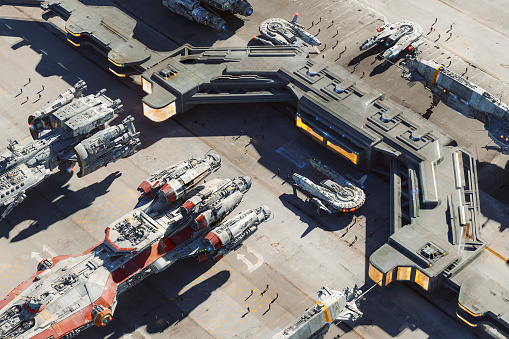 Futuristic airport with spaceships. 3D generated image.