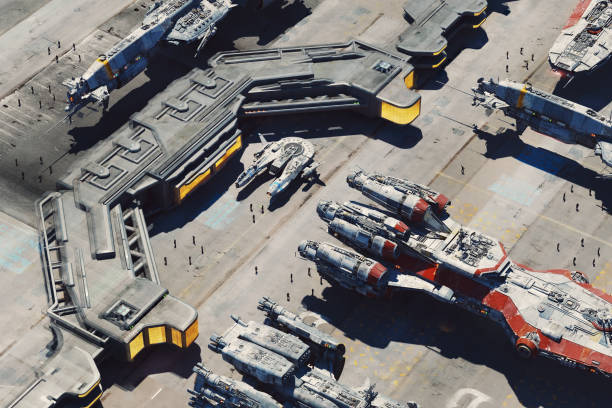 istock Futuristic airport with spaceships 1482443756