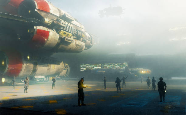 istock Futuristic airport with spaceships 1482445683