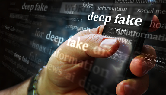 Deep fake hoax false and ai manipulation social media on display. Searching on tablet, pad, phone or smartphone screen in hand. Abstract concept of news titles 3d illustration.