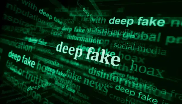 Deep fake hoax false and ai manipulation headline news across international media. Abstract concept of news titles on noise displays. TV glitch effect 3d illustration.