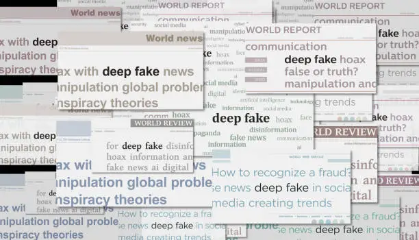 Deep fake hoax false and ai manipulation headline news across international media. Abstract concept of news titles on noise displays. TV glitch effect 3d illustration.