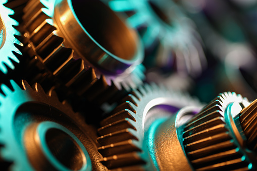 Close-up of Machine Gears ; science and technology light reflection color
