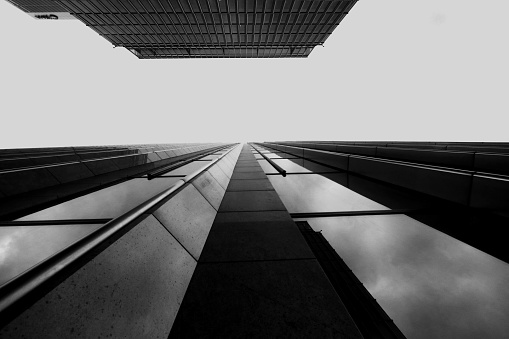 image of urban architecture in London, looking up towards the sky.