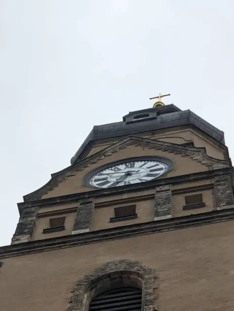 A vertical low angle shot of the historic Philips Church in Leipzig, Germany