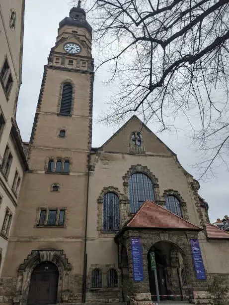 A vertical low angle shot of the historic Philips Church in Leipzig, Germany