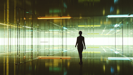 Woman walking in futuristic VR environment. 3D generated image.