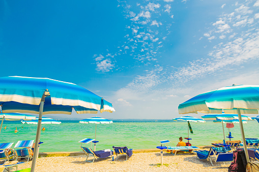 Beautiful Seascape With Beach Umbrellas And Sunbeds in Stavros, Greece