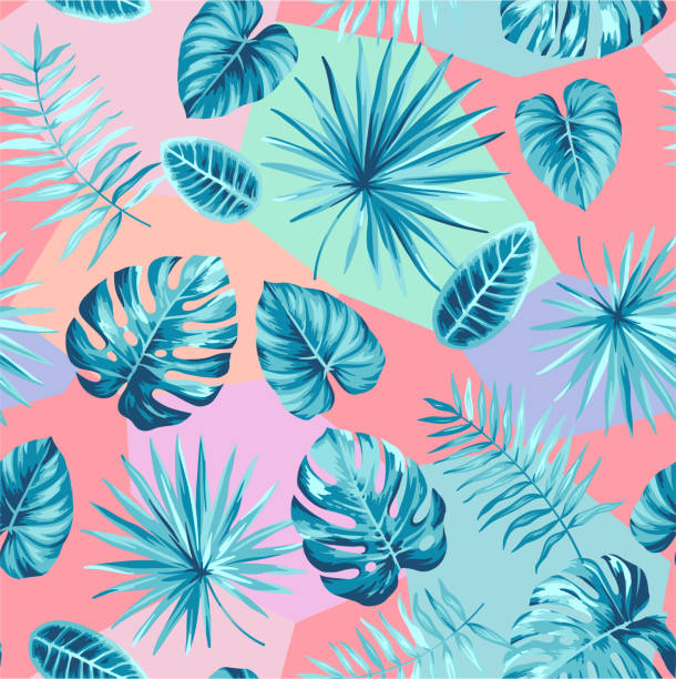 istock Tropical seamless pattern with palm leaves. Vector botanical illustration. Blue and pink colors. 1482452774
