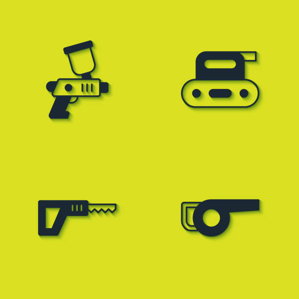 istock Set Paint spray gun, Leaf garden blower, Reciprocating saw and Electric planer tool icon. Vector 1482452796