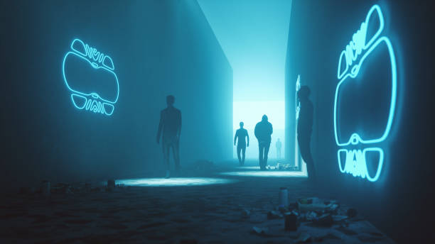 istock Dark futuristic street with people walking 1482454152