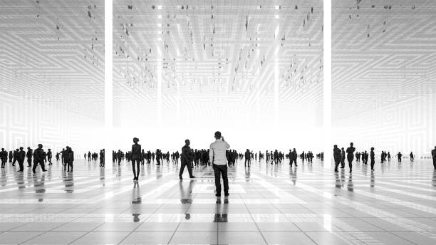 Man on the phone in futuristic VR environment. 3D generated image.