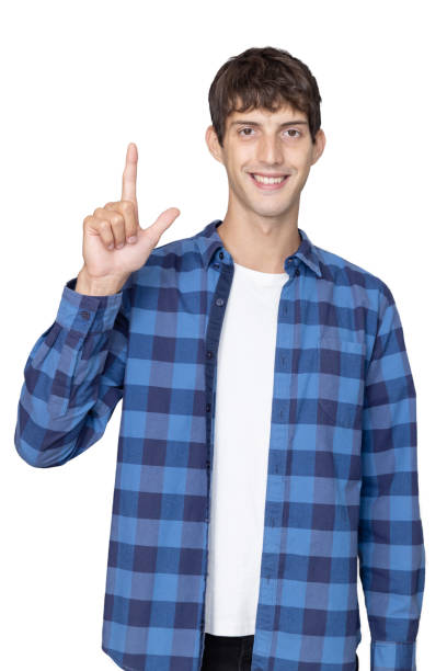 istock Caucasian Man Point Finger Up to Blank Copy Space 1482455814
