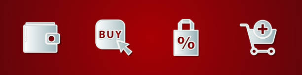 Set Wallet, Buy button, Shoping bag with percent discount and Add Shopping cart icon. Vector Set Wallet, Buy button, Shoping bag with percent discount and Add Shopping cart icon. Vector. priority baggage tag stock illustrations