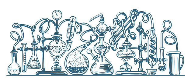Chemistry experiment in laboratory. Vector illustration for chemistry, medical research, science concept