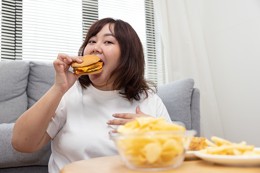 Chubby Asian Woman Enjoy Eatting Beef Cheese Burger
