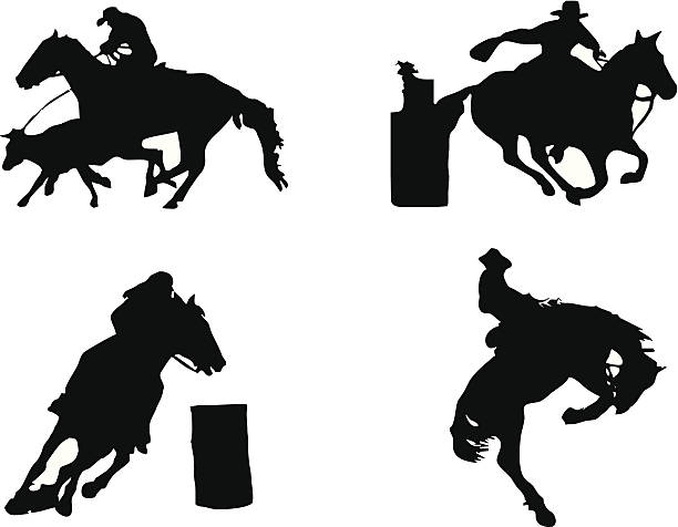 ilustraciones, imágenes clip art, dibujos animados e iconos de stock de equitación deportes: rodeo - rodeo cowboy horse silhouette