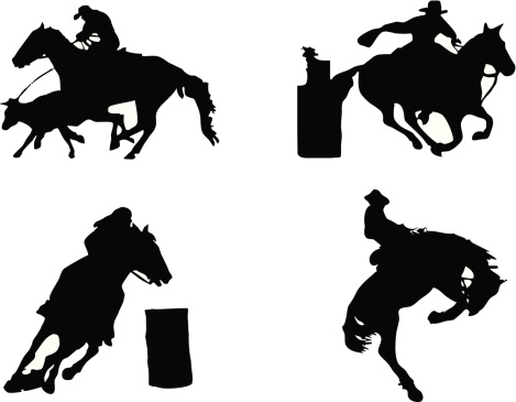 A sampler containing vector illustrations of equestrian sport disciplines: Calf Roping, Flag Racing, Barrel Racing and Bronc Busting. Both .ai and .eps vectors included.