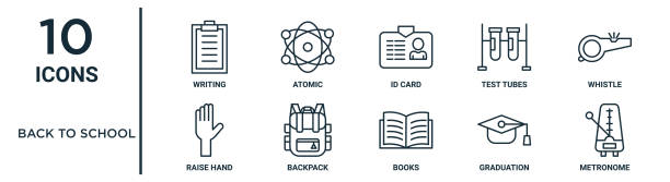 新学期アウトラインアイコンセットには、細い線の書き込み、idカード、ホイッスル、バックパック、卒業、メトロノーム、レポート用の挙手アイコン、プレゼンテーション、図、webデザイ� - backpack student report card education点のイラスト素材／クリップアート素材／マンガ素材／アイコン素材
