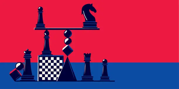 Vector illustration of Various geometric and chess pieces in an abstract style. The concept of balance, intellectual game, stability. Game of chess
