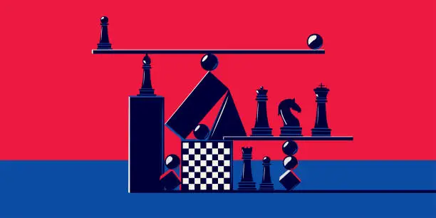 Vector illustration of Various geometric and chess pieces in an abstract style. The concept of balance, intellectual game, stability. Game of chess