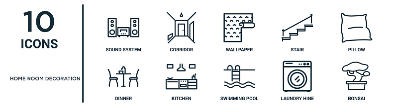 home room decoration outline icon set includes thin line sound system, wallpaper, pillow, kitchen, laundry hine, bonsai, dinner icons for report, presentation, diagram, web design