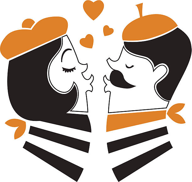 French Kiss Vector Retro Illustration of two french lovers exchanging a french kiss.  kissing on the mouth stock illustrations