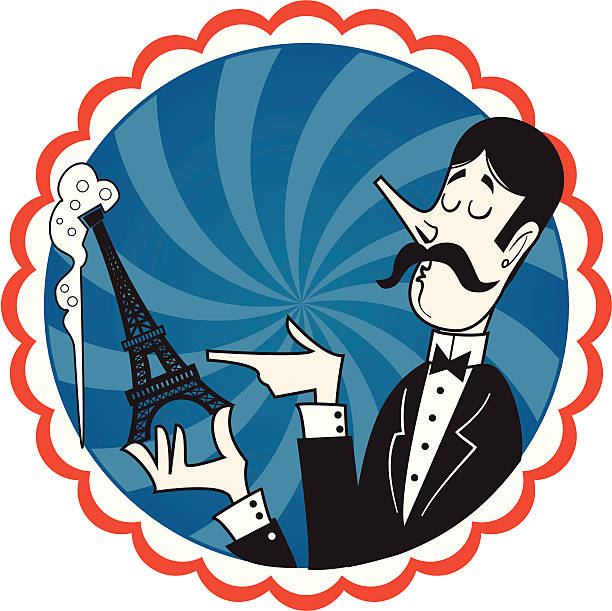 French waiter Eiffel Tower Champagne Bottle vector art illustration