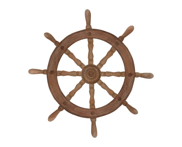 istock Watercolor illustration of a old ship steering wheel isolated on a white background. Antique cartoon steering wheel 1482464007