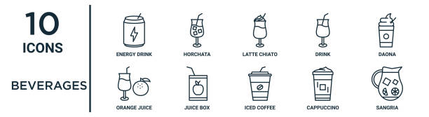 ilustrações, clipart, desenhos animados e ícones de o conjunto de ícones de esboço de bebidas inclui bebida energética de linha fina, latte chiato, daona, caixa de suco, cappuccino, sangria, ícones de suco de laranja para relatório, apresentação, diagrama, web design - packaging horizontal non alcoholic beverage orange juice