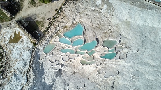 An aerial perspective of the idyllic landscape surrounding the Pamukkale Thermal Pools in Turkey