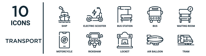 transport outline icon set includes thin line ship, bus station, waiting room, rickshaw, air balloon, tram, motorcycle icons for report, presentation, diagram, web design