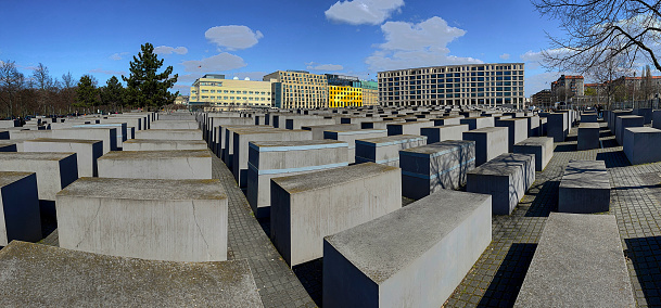 Concrete blocks on a plaza in central Berlin make up the Field of Stelae, a memorial to the murdered Jews of Europe, Germany