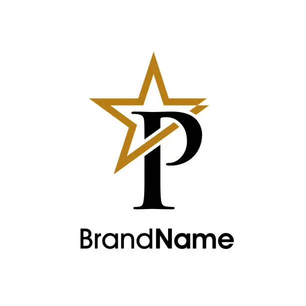 Vector illustration of Elegant Initial P Gold Star Logo