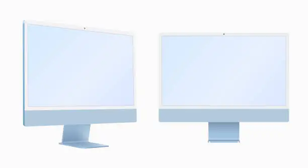 Vector illustration of iMac 2021 blue color 3D realistic vector mockup