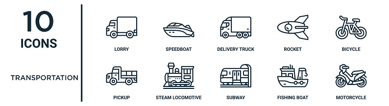 transportation outline icon set includes thin line lorry, delivery truck, bicycle, steam locomotive, fishing boat, motorcycle, pickup icons for report, presentation, diagram, web design