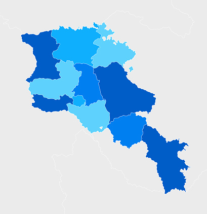 High detailed Armenia Blue map with Regions and national borders of Azerbaijan, Turkey, Iran, Georgia