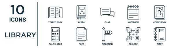 library outline icon set includes thin line teared book, chat, comic book, files, qr code, diary, calculator icons for report, presentation, diagram, web design library outline icon set includes thin line teared book, chat, comic book, files, qr code, diary, calculator icons for report, presentation, diagram, web design teared stock illustrations